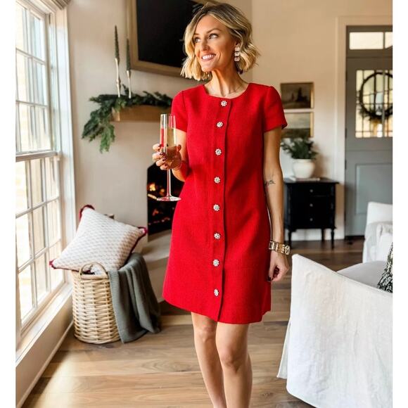 J. Crew Dresses & Skirts - NWT J. Crew Tweed Mini Dress Size 8 Red Jewel Button Classic Preppy Old Money